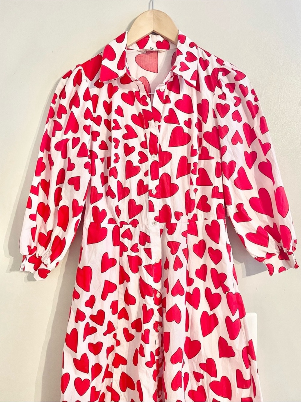 Boden Clara Red Heart-Print Button-Front Maxi Dress Tie Waist Sz US 4R UK 8R- EU - Picture 4 of 14